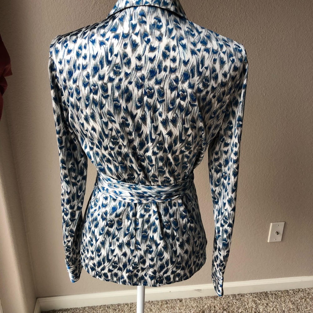 Blue and White Printed Wrap Blouse with Tie Waist - Picture 4 of 4